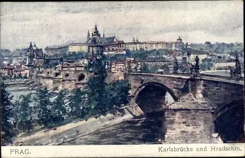 Künstler Ak Praha in Tschechien, Karluv most a Hradcany, Karlsbrücke