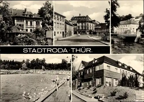 Ak Stadtroda in Thüringen, Schwimmbad, Ernst Thälmann Platz, Bezirkskrankenhaus