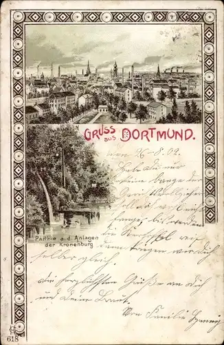 Litho Dortmund im Ruhrgebiet, Panorama, Partie a.d. Anlagen der Kronenburg