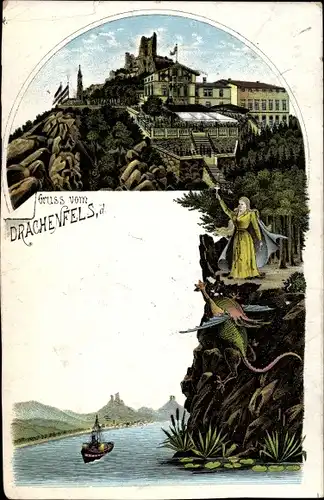 Litho Königswinter am Rhein, Drachenfels, Drache, Flusspartie, Hotel