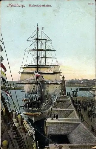 Ak Hamburg Mitte Steinwerder Kuhwerder, Dock mit Segelschiff, Dreimaster, Kuhwärder Hafen