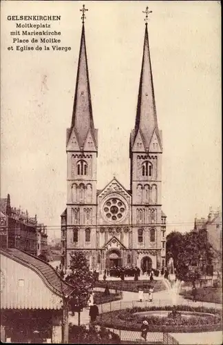 Ak Gelsenkirchen im Ruhrgebiet, Moltkeplatz mit Marienkirche, Brunnen, Fontäne