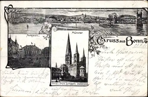 Ak Bonn am Rhein, Münster, Marktplatz , Panorama, Brücke