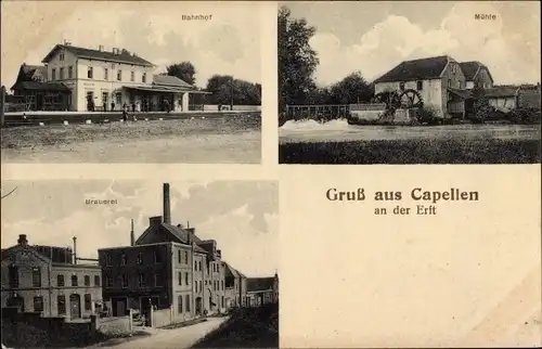 Ak Capellen an der Erft Kapellen Grevenbroich in Westfalen, Bahnhof, Mühle, Brauerei