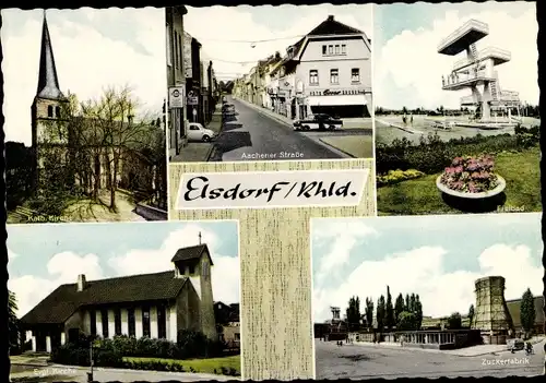 Ak Elsdorf im Rheinland, Aachener Straße, Zuckerfabrik, Kath. Kirche, Freibad