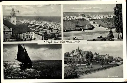 Ak Świnoujście Swinemünde Pommern, Kurhaus, Strand, Promenade, See, Segelboot