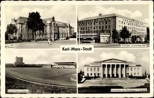 Ak Karl Marx Stadt Chemnitz, Museum, HO Hotel Chemnitzer Hof, Thälmann Stadion, Kulturpalast Siegmar