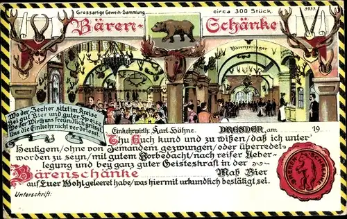 Litho Dresden Zentrum Altstadt, Geweihsammlung der Bärenschänke, Wirt Karl Höhne, Siegel