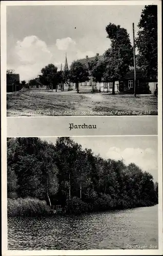 Ak Parchau Burg bei Magdeburg, Gasthof, Straßenansicht, Parchauer See