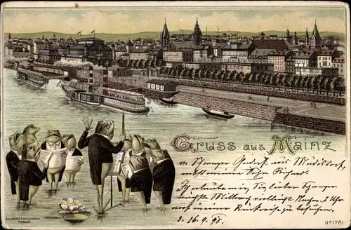 Litho Mainz am Rhein, Stadtansicht, Singende Frösche, Dampfer