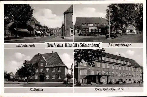 Ak Niebüll in Nordfriesland, Rathaus, Hauptstraße, Bahnhofstraße, Kreiskrankenhaus