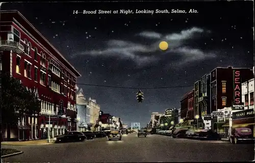 Mondschein Ak Selma Alabama, Broad Street at Night