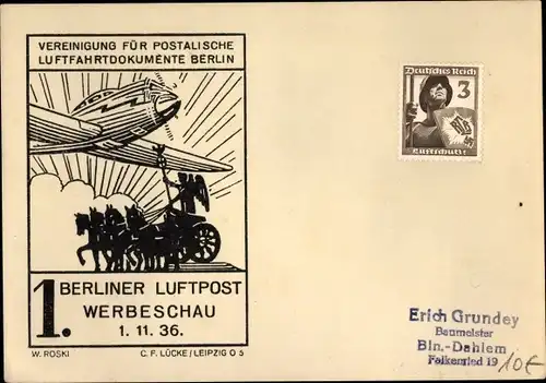 Künstler Ak Roski, Berlin, 1 Berliner Luftpost, Werbeschau 01.11.1936, PP122 C32 02