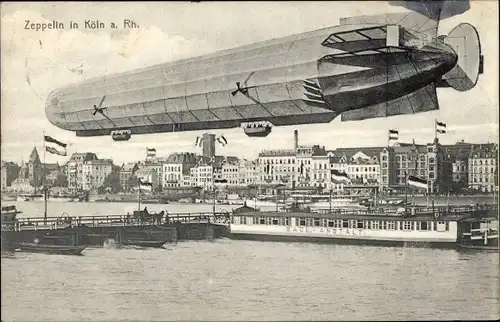 Ak Köln am Rhein, Zeppelin, Badeanstalt, Schiffbrücke, Teilansicht der Stadt