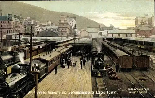 Ak Cape Town Kapstadt Südafrika, Mail Train leaving for Johannesburg, Bahnhof, Gleisseite, Dampflok