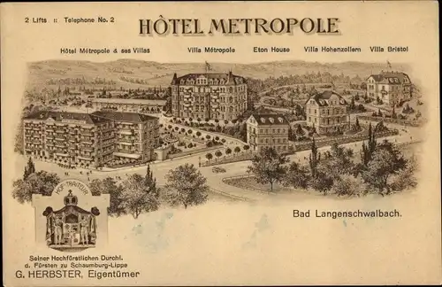 Ak Langenschwalbach Bad Schwalbach im Taunus, Hotel Metropole, Villa Bristol,Hohenzollern,Eton House