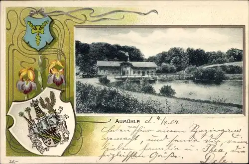 Präge Wappen Ak Aumühle im Herzogtum Lauenburg, Gebäude, Teich