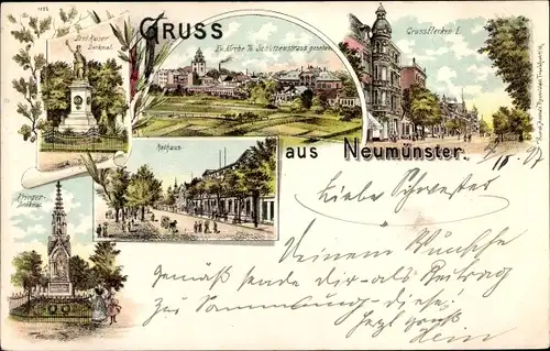 Litho Neumünster in Holstein, Drei Kaiser Denkmal, Rathaus, Kriegerdenkmal, Großflecken, Kirche