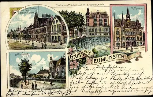 Litho Neumünster in Holstein, Mühlenteich, Vereinsbank, Rathaus, Großflecken, Mühlenhof