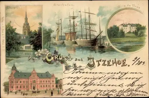 Litho Itzehoe in Holstein, Villa de Voss, Post, Kirche, Störhafen, Segelschiffe