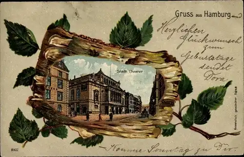 Präge Birkenholz Litho Hamburg Mitte Altstadt, Stadttheater, Straßenansicht