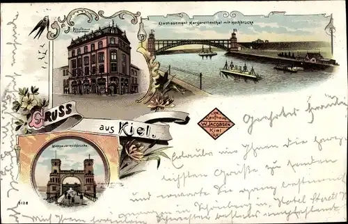 Litho Kiel in Schleswig Holstein, Etablissement Margarethental mit Hochbrücke, Kaufhaus
