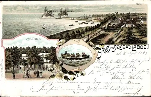 Litho Ostseebad Laboe, Hotel Laboe, Kriegsschiffe, Ruderboot