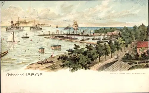 Litho Ostseebad Laboe, Panorama vom Ort, Deutsche Kriegsschiffe