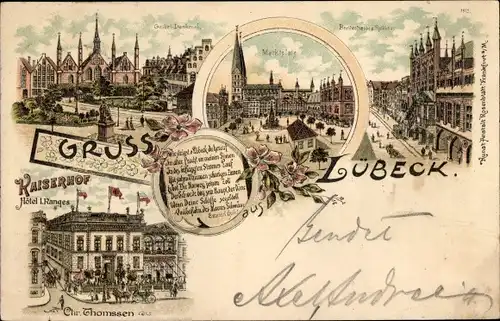 Litho Hansestadt Lübeck, Geibel Denkmal, Marktplatz, Hotel Kaiserhof