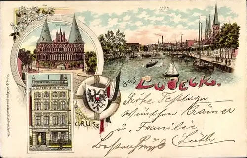 Litho Lübeck in Schleswig Holstein, Hafen, Holstentor, Holsteinischer Hof, Fahne