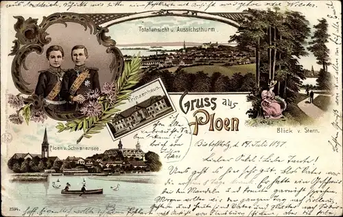 Litho Plön am See Holstein, Blick vom Stern, Schwanensee, Prinzenhaus, Totalansicht