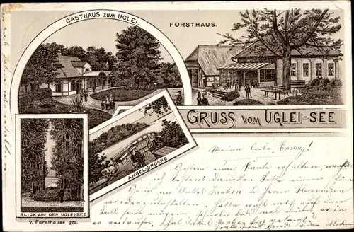 Litho Eutin in Ostholstein, Gasthaus zum Uglei, Forsthaus, Blick auf den Ugleisee, Angelbrücke