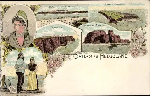 Litho Helgoland in Schleswig Holstein, Totale der Insel, Westküste, Nationaltanz, Tracht