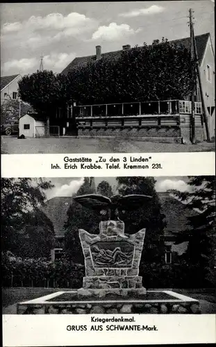 Ak Schwante Oberkrämer in Brandenburg, Kriegerdenkmal, Gaststätte zu den 3 Linden