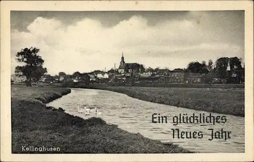 Ak Kellinghusen in Holstein, Uferpartie, Blick zum Ort, Neujahrsglückwunsch