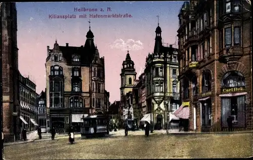 Ak Heilbronn am Neckar, Kiliansplatz mit Hafenmarktstraße, Geschäft Carl Bek., Tram