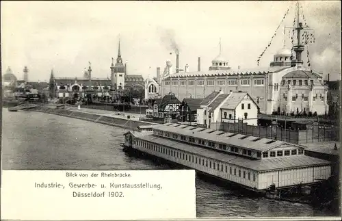 Ak Düsseldorf am Rhein, Blick v. d. Rheinbrücke, Industrie-, Gewerbe- und Kunstausstellung 1902