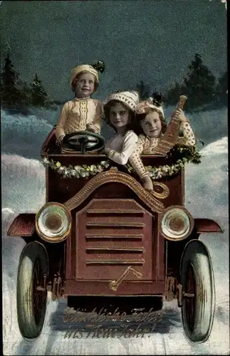 Ak Glückwunsch Neujahr, drei Kinder im Auto, Winter