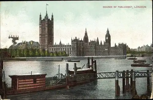 Ak London City England, Houses of Parliament, Blick über die Themse, Schiffe