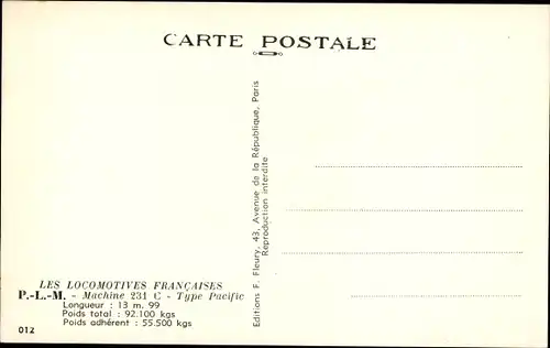 Ak Französische Eisenbahn, PLM, Dampflok, Tender 231 C, Typ Pacific