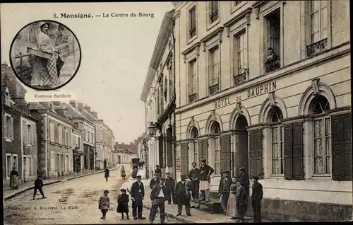 Ak Mansigné Sarthe, Le Centre du Bourg, Hotel du Dauphin