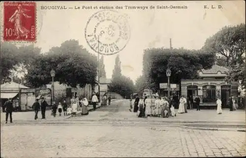 Ak Bougival Yvelines, Le Pont et station des Tramways de Saint Germain