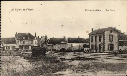 Ak Cormicy Aisne, La Gare, Hotel, Gleisseite