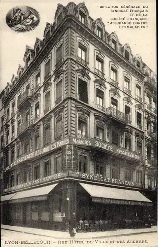 Ak Bellecour Lyon Rhône, Rue Hotel de Ville et des Archers