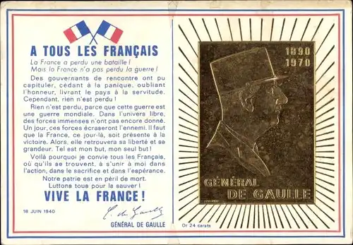 Passepartout Ak A Tous les Francais, General Charles de Gaulle, Comite National du Memorial