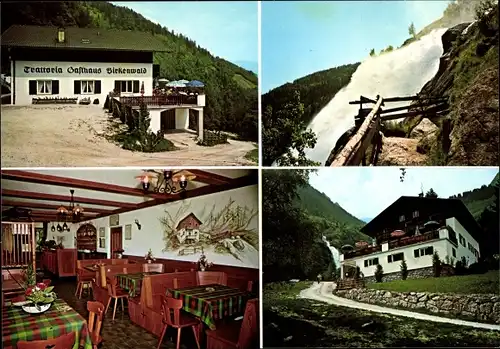 Ak Partschins Parcines Südtirol, Gasthaus Birkenwald, Außenansichten, Speiseraum, Wasserfall