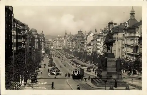 Ak Praha Prag, Vaclavske namesti, Wenzelsplatz, Straßenbahn, Denkmal