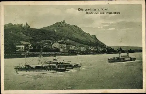 Ak Königswinter am Rhein, Drachenfels, Drachenburg, Panorama, Dampfer