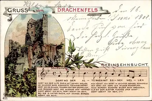 Litho Königswinter am Rhein, Drachenfels, Rheinsehnsucht