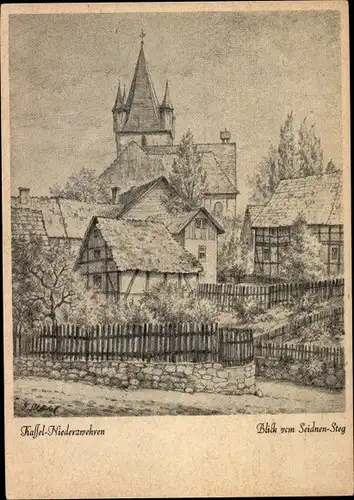Künstler Ak Niederzwehren Kassel in Hessen, Blick vom Seidnen-Steg, Kirche